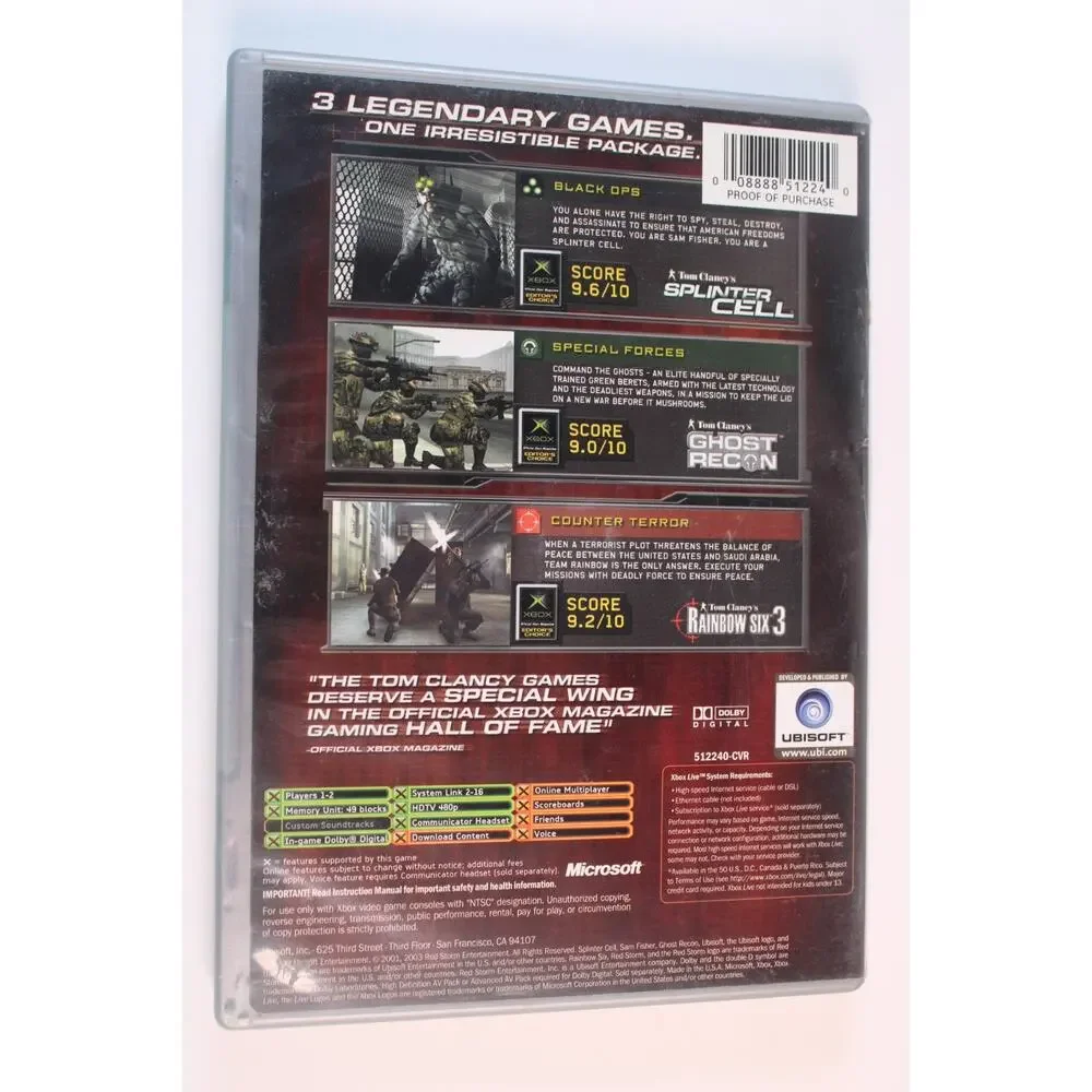 Tom Clancy's Classic Trilogy (Microsoft Xbox 2004) Complete Tested Works Ubisoft
